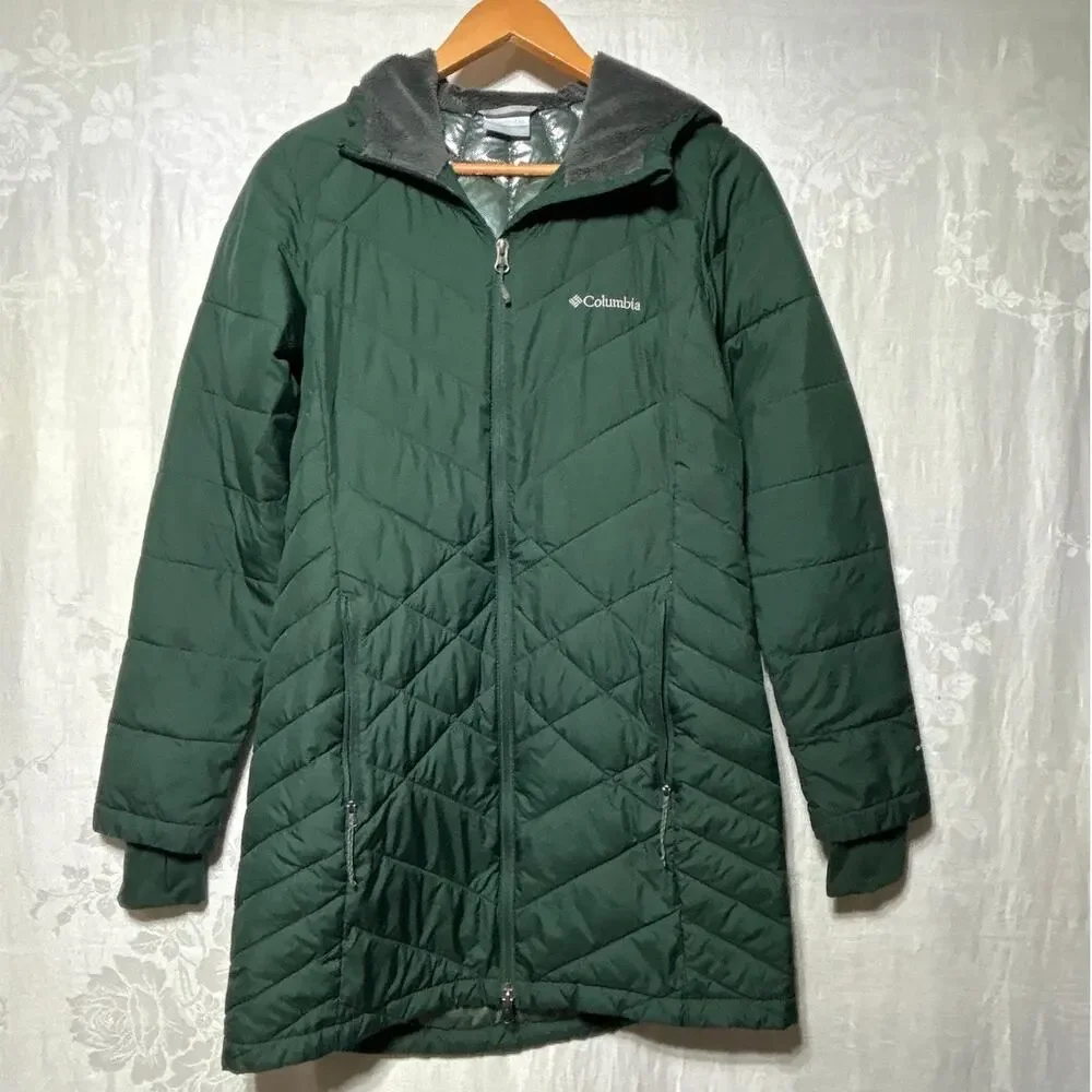 Columbia Puffer Coat Small Green Omni Heat Long Full Zip Heavenly Hooded